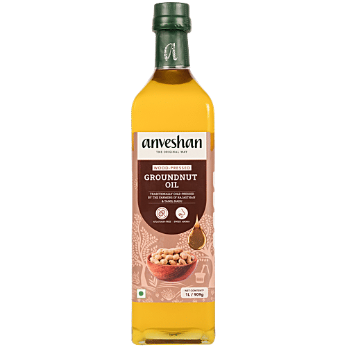 Anveshan Wood Cold Pressed Groundnut/Peanut Cooking Oil, 1 L Glass Bottle 