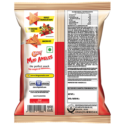 Bingo! Mad Angles - Pizza Flavour, Corn-Based Crunchy Chips, Perfect For Snacking, 130 g