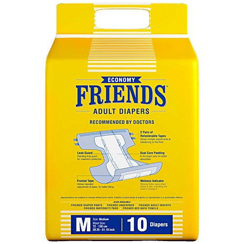 Friends Economy Adult Diapers Tape Style - Medium, Waist Size 28.35 - 51.18 Inch, 72 - 130 Cm, 10 pcs Odour lock, Unisex, Leakproof, Wetness Indicator and Anti-Bacterial Absorbent Core