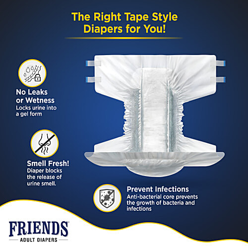 Friends Economy Adult Diapers Tape Style - Medium, Waist Size 28.35 - 51.18 Inch, 72 - 130 Cm, 10 pcs Odour lock, Unisex, Leakproof, Wetness Indicator and Anti-Bacterial Absorbent Core