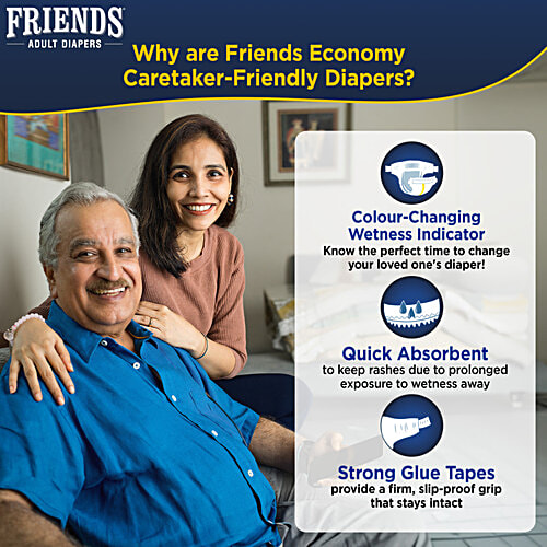 Friends Economy Adult Diapers Tape Style - Medium, Waist Size 28.35 - 51.18 Inch, 72 - 130 Cm, 10 pcs Odour lock, Unisex, Leakproof, Wetness Indicator and Anti-Bacterial Absorbent Core