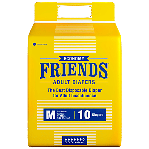 Friends Economy Adult Diapers Tape Style - Medium, Waist Size 28.35 - 51.18 Inch, 72 - 130 Cm, 10 pcs Odour lock, Unisex, Leakproof, Wetness Indicator and Anti-Bacterial Absorbent Core
