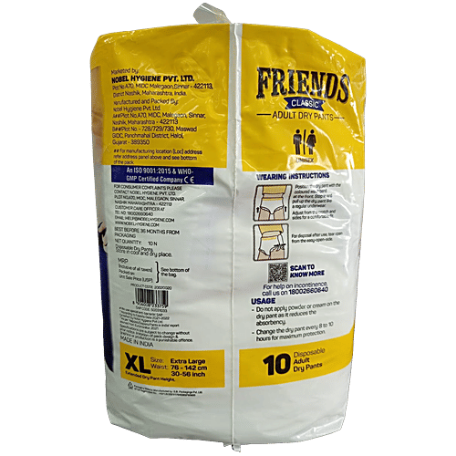 Friends Classic Adult Diapers Pants Style - Extra Large, Waist Size 30-56 inch, 76-142 cm, 10 pcs  Odour lock, Unisex, Leakproof, Elastic Waist and Anti-Bacterial Absorbent Core