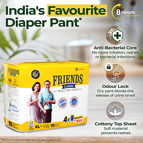 Friends Classic Adult Diapers Pants Style - Extra Large, Waist Size 30-56 inch, 76-142 cm, 10 pcs  Odour lock, Unisex, Leakproof, Elastic Waist and Anti-Bacterial Absorbent Core