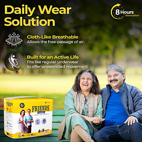 Friends Classic Adult Diapers Pants Style - Extra Large, Waist Size 30-56 inch, 76-142 cm, 10 pcs  Odour lock, Unisex, Leakproof, Elastic Waist and Anti-Bacterial Absorbent Core