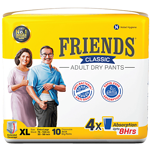 Friends Classic Adult Diapers Pants Style - Extra Large, Waist Size 30-56 inch, 76-142 cm, 10 pcs  Odour lock, Unisex, Leakproof, Elastic Waist and Anti-Bacterial Absorbent Core