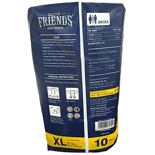 Friends Overnight Adult Diapers Tape Style - Extra Large, Waist Size 32.68-59.84 Inch, 83-152 cm, 10 pcs Odour Lock, Unisex, Leakproof and Anti-Bacterial Absorbent Core