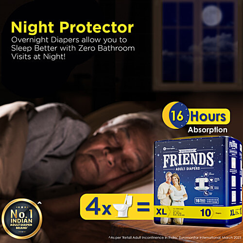 Friends Overnight Adult Diapers Tape Style - Extra Large, Waist Size 32.68-59.84 Inch, 83-152 cm, 10 pcs Odour Lock, Unisex, Leakproof and Anti-Bacterial Absorbent Core