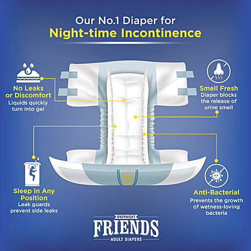 Friends Overnight Adult Diapers Tape Style - Extra Large, Waist Size 32.68-59.84 Inch, 83-152 cm, 10 pcs Odour Lock, Unisex, Leakproof and Anti-Bacterial Absorbent Core