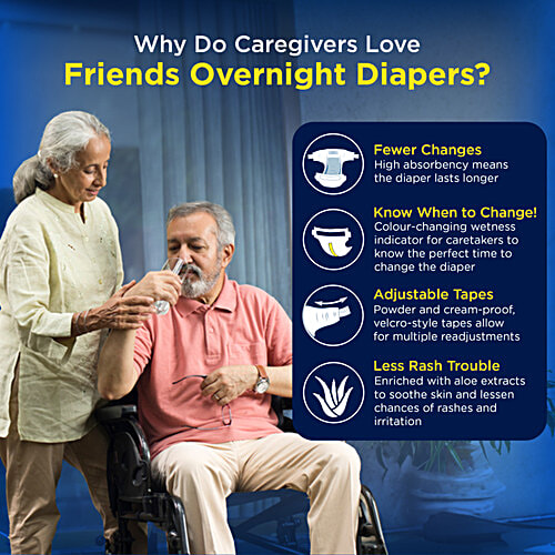 Friends Overnight Adult Diapers Tape Style - Extra Large, Waist Size 32.68-59.84 Inch, 83-152 cm, 10 pcs Odour Lock, Unisex, Leakproof and Anti-Bacterial Absorbent Core