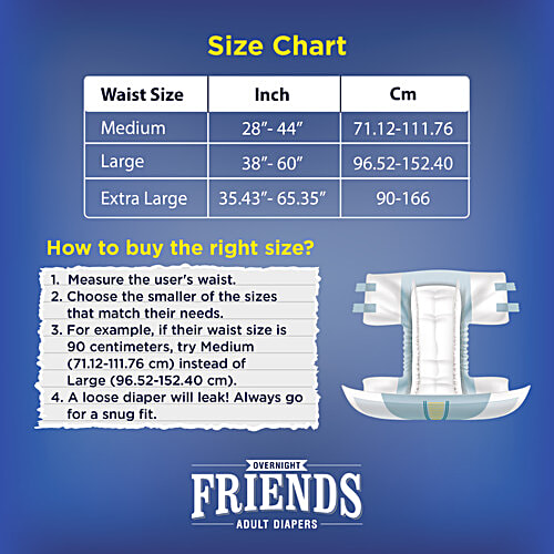 Friends Overnight Adult Diapers Tape Style - Extra Large, Waist Size 32.68-59.84 Inch, 83-152 cm, 10 pcs Odour Lock, Unisex, Leakproof and Anti-Bacterial Absorbent Core