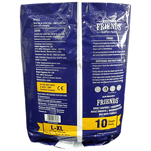 Friends Overnight Adult Diapers Pants Style - Large, Waist Size 30-56 Inch, 76-142 cm, 10 pcs  Odour lock, Unisex, Leakproof, Elastic Waist and Anti-Bacterial Absorbent Core