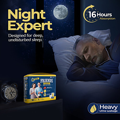 Friends Overnight Adult Diapers Pants Style - Large, Waist Size 30-56 Inch, 76-142 cm, 10 pcs  Odour lock, Unisex, Leakproof, Elastic Waist and Anti-Bacterial Absorbent Core