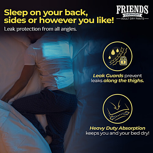 Friends Overnight Adult Diapers Pants Style - Large, Waist Size 30-56 Inch, 76-142 cm, 10 pcs  Odour lock, Unisex, Leakproof, Elastic Waist and Anti-Bacterial Absorbent Core