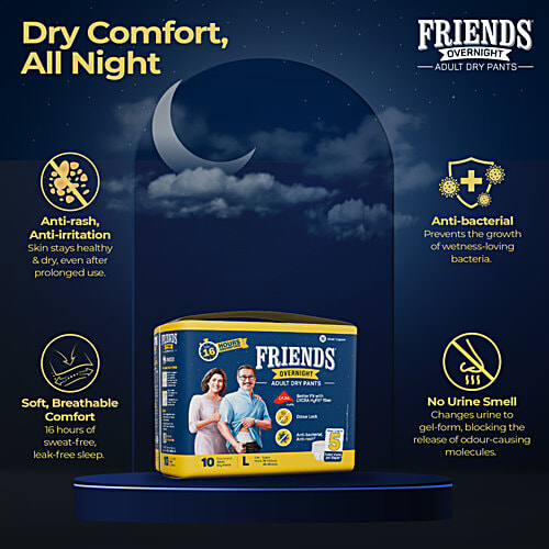 Friends Overnight Adult Diapers Pants Style - Large, Waist Size 30-56 Inch, 76-142 cm, 10 pcs  Odour lock, Unisex, Leakproof, Elastic Waist and Anti-Bacterial Absorbent Core