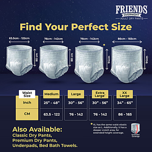 Friends Overnight Adult Diapers Pants Style - Large, Waist Size 30-56 Inch, 76-142 cm, 10 pcs  Odour lock, Unisex, Leakproof, Elastic Waist and Anti-Bacterial Absorbent Core