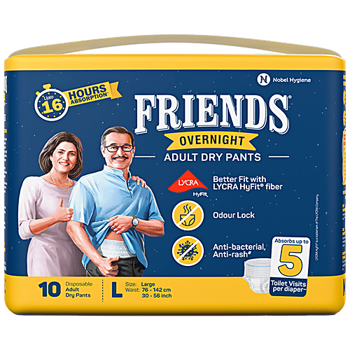 Friends Overnight Adult Diapers Pants Style - Large, Waist Size 30-56 Inch, 76-142 cm, 10 pcs  Odour lock, Unisex, Leakproof, Elastic Waist and Anti-Bacterial Absorbent Core