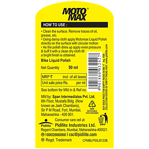 Motomax Bike Liquid Polish - Cleans Surfaces, Removes Oil, Grease & Dirt, 50 ml  