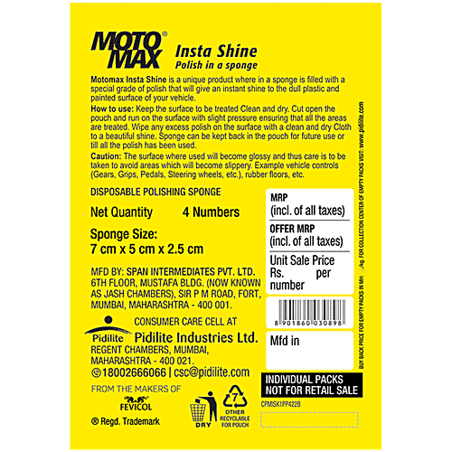 Motomax 4 In 1 Insta Shine Disposable Polishing Sponge - Cleans Vehicles, Removes Oil & Dirt, For Exterior Care, 4 pcs