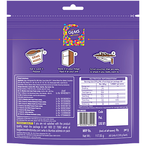 Cadbury Gems Mini Treats Chocolate, 117.55 g (40 x 2.93 g)
