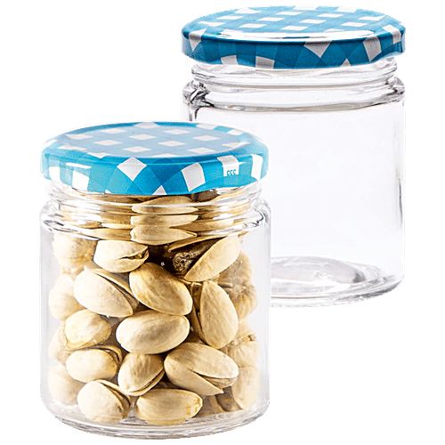 Yera Glass Jar With Printed Lid - Easy To Clean, Leak Proof, Small, 200 ml (Set of 4) 