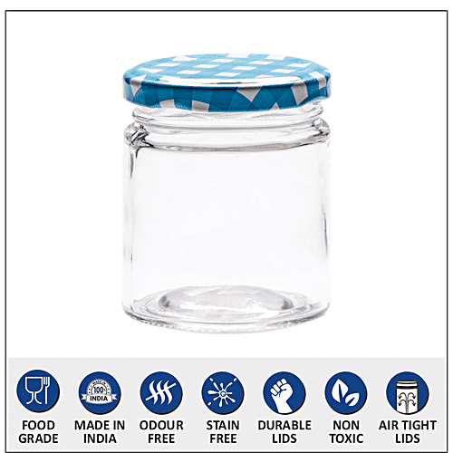 Yera Glass Jar With Printed Lid - Easy To Clean, Leak Proof, Small, 200 ml (Set of 4) 