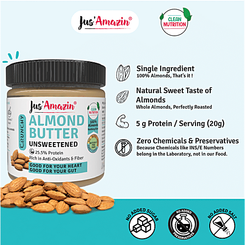Jus Amazin Crunchy Almond Butter - Unsweetened, 200 g  