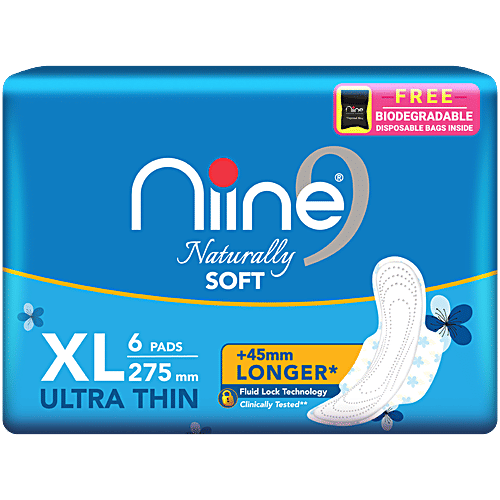 Niine  Naturally Soft Sanitary Napkins - Ultra Thin XL, Prevents Odour, Controls Rashes, 6 pcs  Prevents Odour, Controls Rashes
