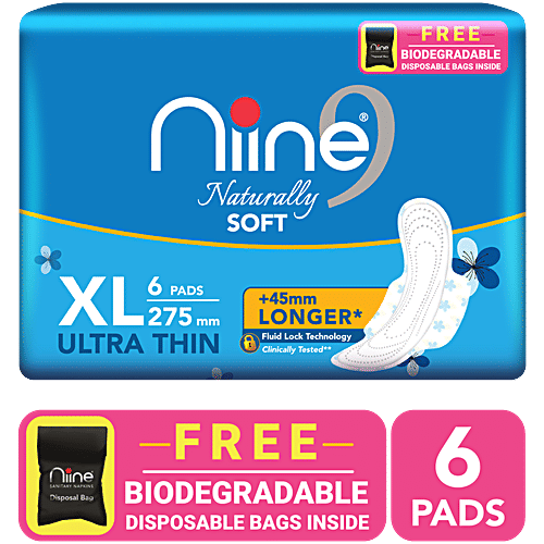 Niine  Naturally Soft Sanitary Napkins - Ultra Thin XL, Prevents Odour, Controls Rashes, 6 pcs  Prevents Odour, Controls Rashes