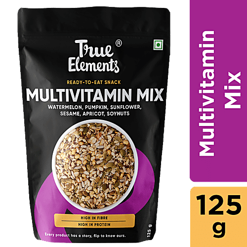 True Elements Multivitamin Trail Mix - Roasted Watermelon, Pumpkin, Sunflower, Sesame, Apricot & Soynuts - Healthy Snacks, Mixed Seeds for Eating, 125 g  