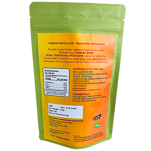 Rooted Peepul Turmeric Water Elixir, Traditional Spice Blend | High Curcumin Lakadong Turmeric, 150 g kraft paper pouch 