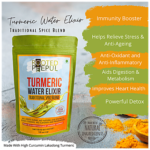 Rooted Peepul Turmeric Water Elixir, Traditional Spice Blend | High Curcumin Lakadong Turmeric, 150 g kraft paper pouch 
