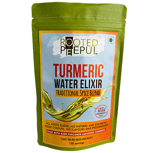 Rooted Peepul Turmeric Water Elixir, Traditional Spice Blend | High Curcumin Lakadong Turmeric, 150 g kraft paper pouch 