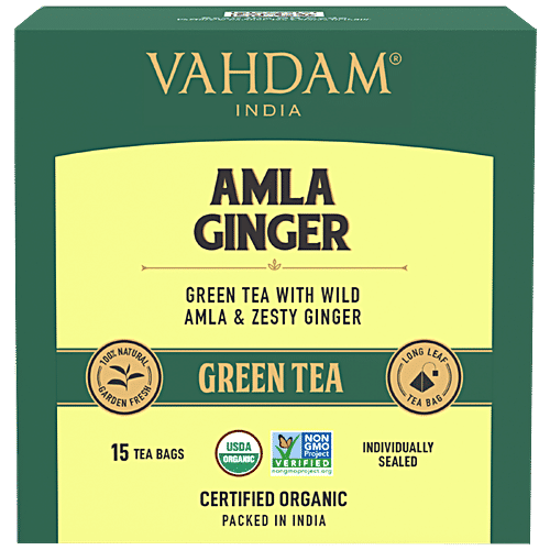 Vahdam Amla Ginger Green Tea Bags - Vitamin C, 30 g (15 Pyramid Bags x 2 g each) Digestive Drink