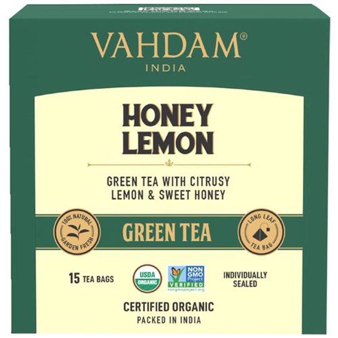 Vahdam  Honey Lemon Green Tea Bags, 30 g (15 Pyramid Bags x 2 g each)