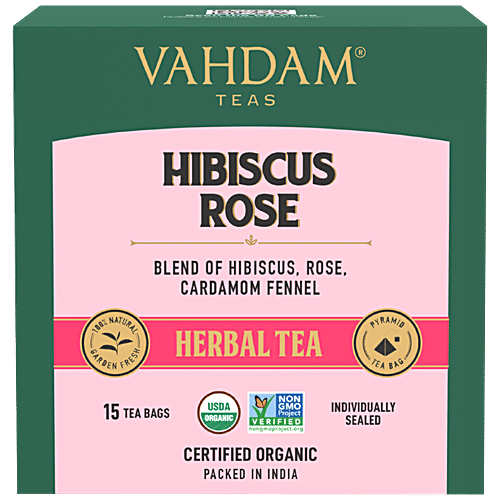 Vahdam Organic Hibiscus Rose Herbal Tea - Nourishing, Hydrating, Calming & Fragrant Rose, 30 g (15 Pyramid Bags x 2 g each)