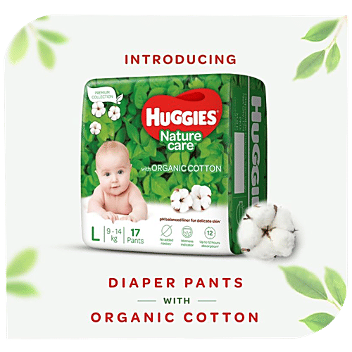 Huggies Nature Care Baby Diaper Pants - With 100% Organic Cotton, For Delicate Skin, Large, 17 pcs