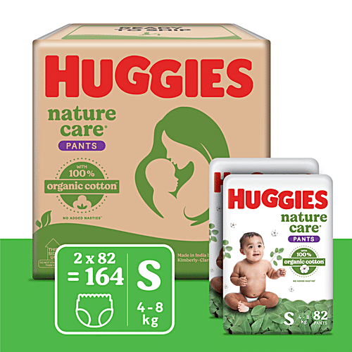 Huggies Nature Care Pants for Babies, Small (S) Size Baby Diaper Pants,Nature's gentle protection with 100% organic cotton, Small Size, 164 pcs