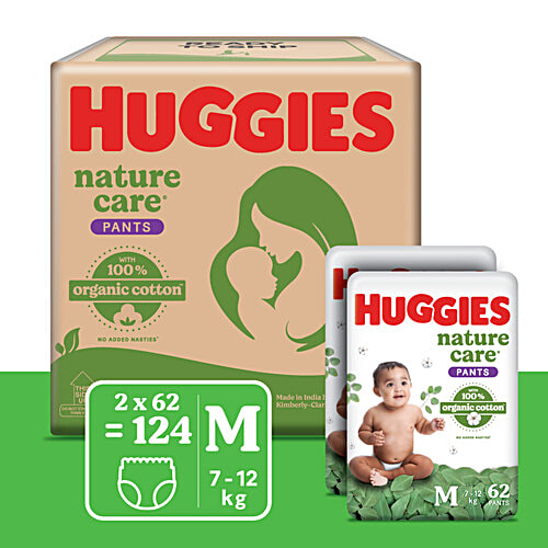 Huggies Nature Care Pants for Babies, Medium (M) Size Baby Diaper Pants,Nature's gentle protection with 100% organic cotton, Small Size, 124 pcs  