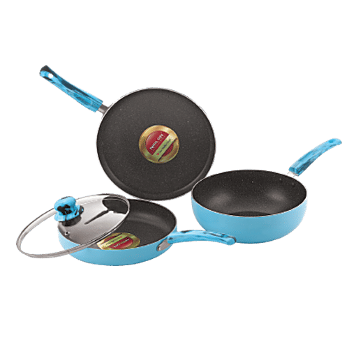 Nirlon Non-Stick Cookware Set With Glass Lid - Blue Sea, 4 pcs (Kadai+Tawa+Frypan) 