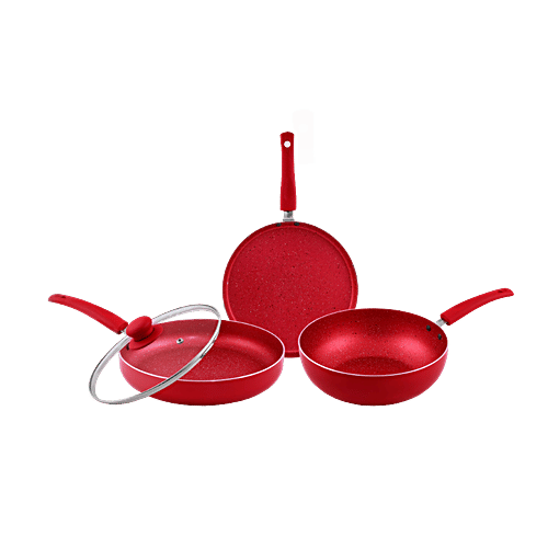 Nirlon Induction Base Non-Stick Cookware Set With Glass Lid - Red Velvet, 4 pcs (Kadai+Tawa+Frypan) 