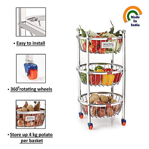 Hazel Steel Kitchen Fruits & Vegetable Storage Rack/Trolley/Stand, 3 Layer - Round, VR10237, 1 pc  
