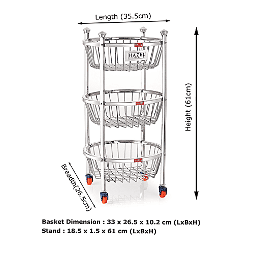 Hazel Steel Kitchen Fruits & Vegetable Storage Rack/Trolley/Stand, 3 Layer - Round, VR10237, 1 pc  