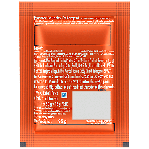 Tide Double Powder Lemon & Mint Detergent Powder, 95 g (12+1 pack) (Pack Of 5) 