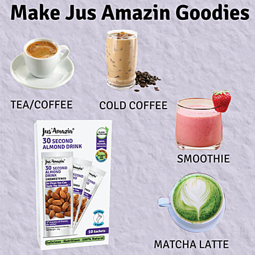 Jus Amazin 30 Second Almond Drink - Unsweetened, Nutritious, Dairy Free, 250 g (10 Sachets x 25 g Each) 
