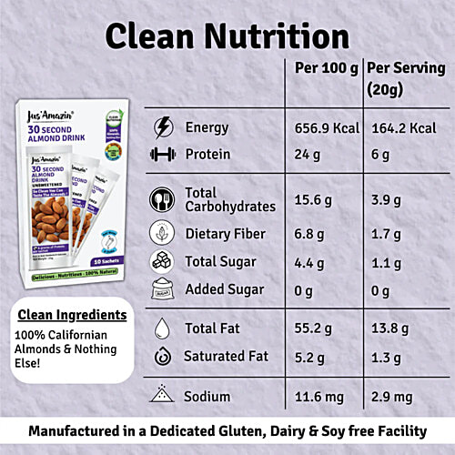 Jus Amazin 30 Second Almond Drink - Unsweetened, Nutritious, Dairy Free, 250 g (10 Sachets x 25 g Each) 