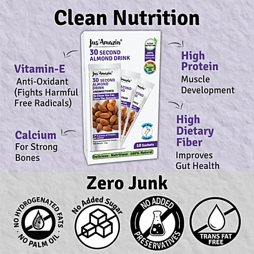 Jus Amazin 30 Second Almond Drink - Unsweetened, Nutritious, Dairy Free, 250 g (10 Sachets x 25 g Each) 