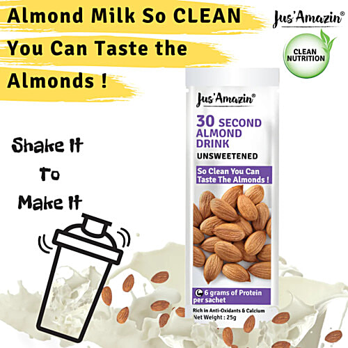 Jus Amazin 30 Second Almond Drink - Unsweetened, Nutritious, Dairy Free, 250 g (10 Sachets x 25 g Each) 