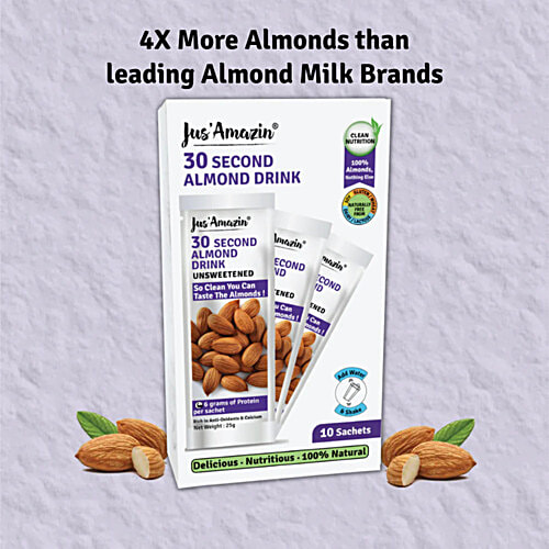 Jus Amazin 30 Second Almond Drink - Unsweetened, Nutritious, Dairy Free, 250 g (10 Sachets x 25 g Each) 