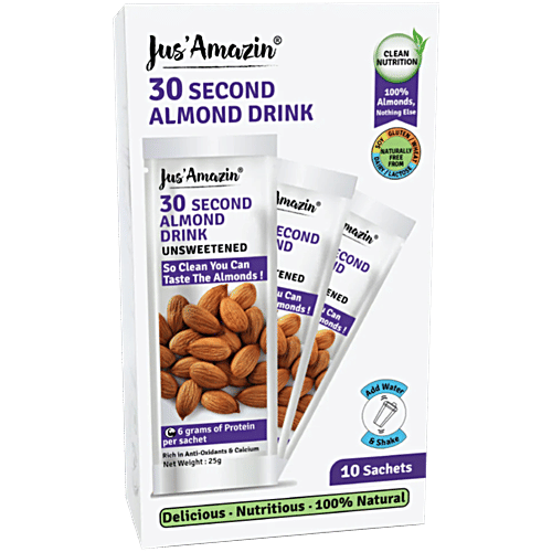 Jus Amazin 30 Second Almond Drink - Unsweetened, Nutritious, Dairy Free, 250 g (10 Sachets x 25 g Each) 